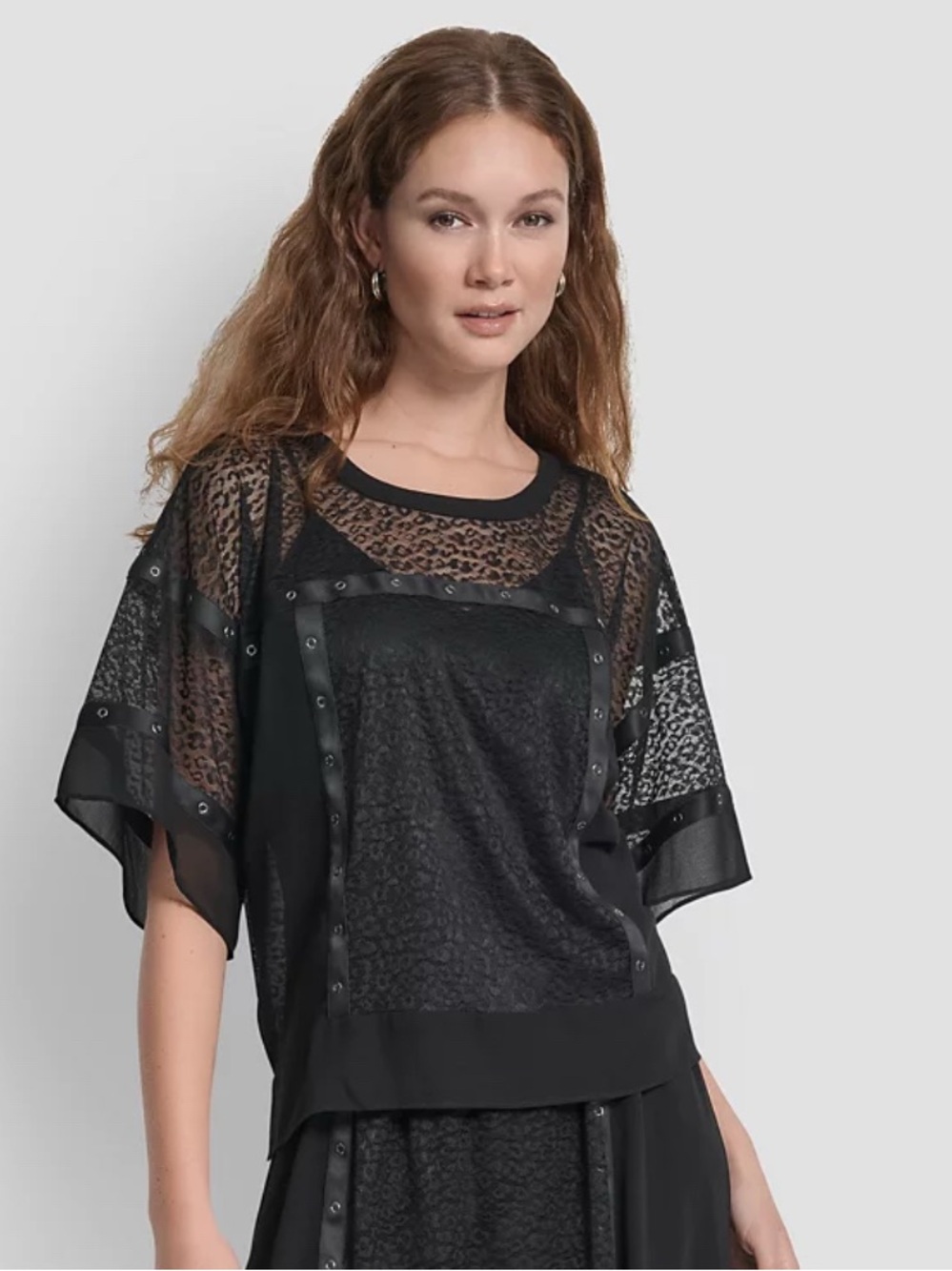DKNY Black Sheer Leopard-Print Panel Top